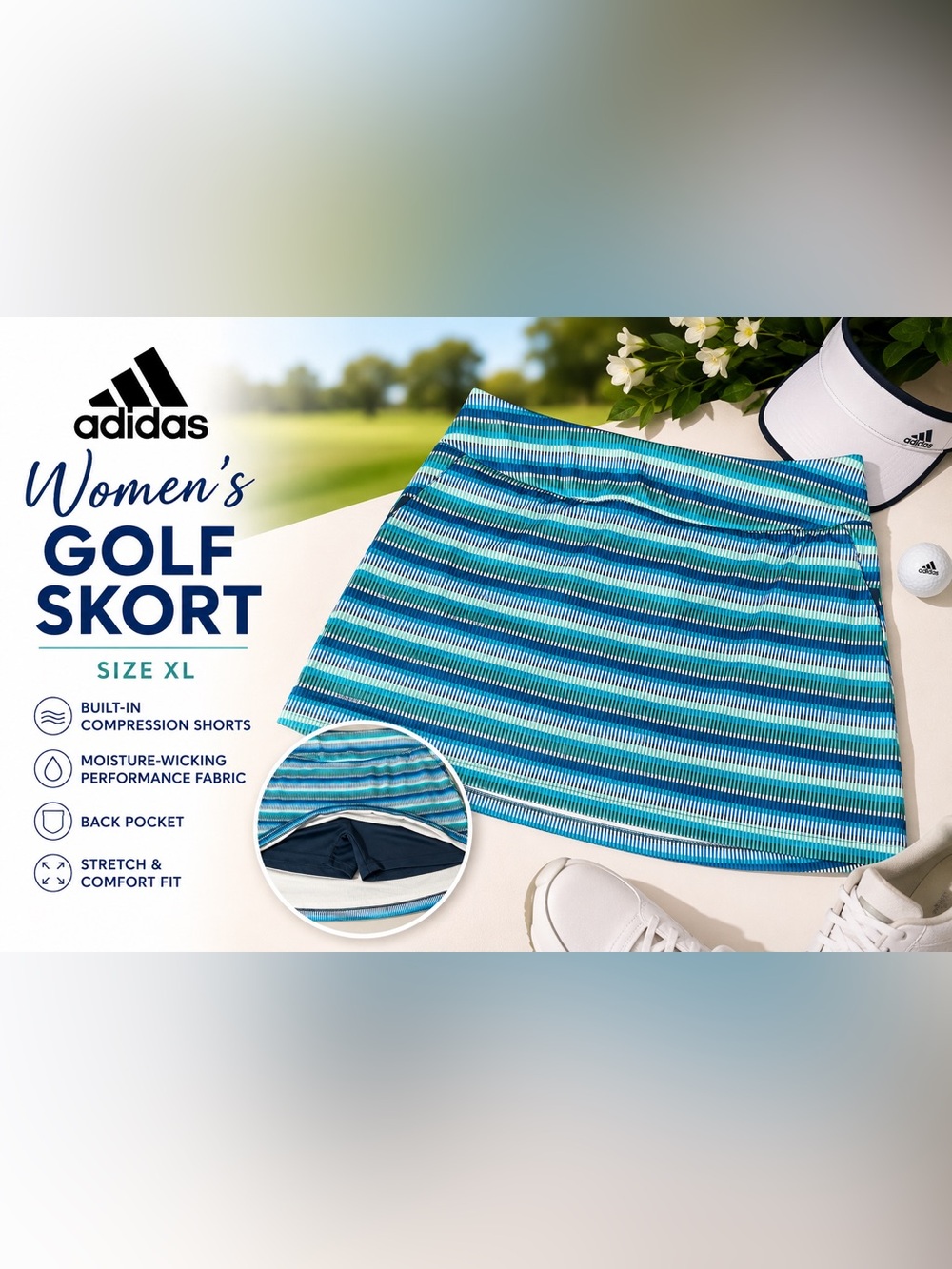 Adidas Golf Skort XL Coastal Athleisure Tenniscore Blue Stripe Built-In Shorts